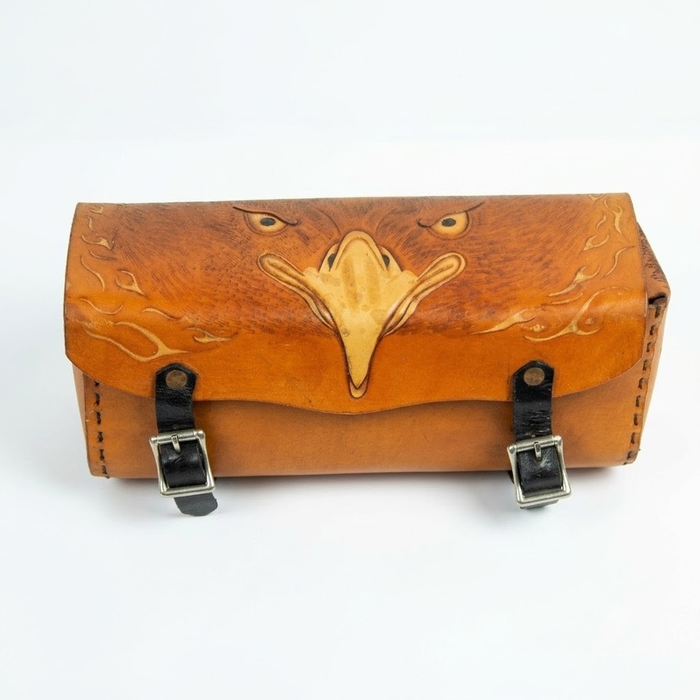 Bobby Ford Leather Head Eagle Tooled Motorcycle Tool Bag Tan Handcrafted Western